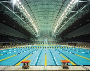yokohama international swimming pool converted to basketball court